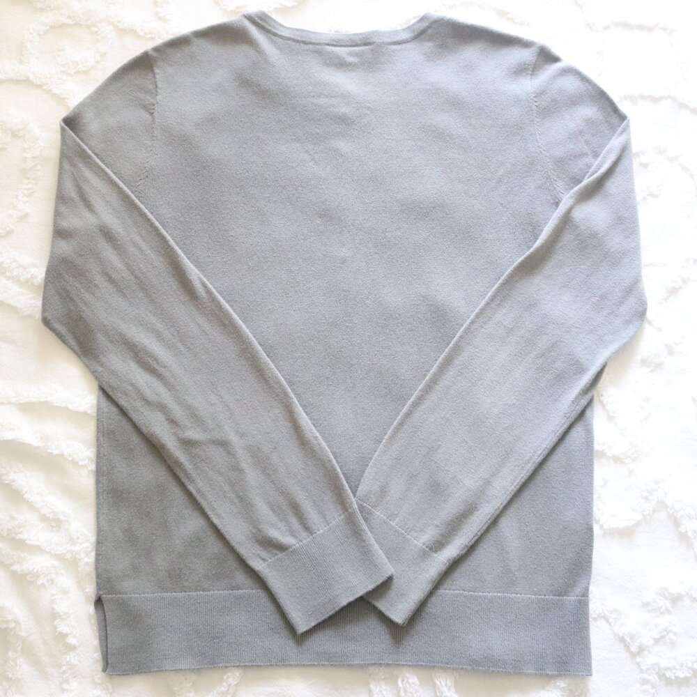 Loft | Soft Sage Green Grey Lightweight Button Front Crewneck Cardigan Sweater - Picture 12 of 13